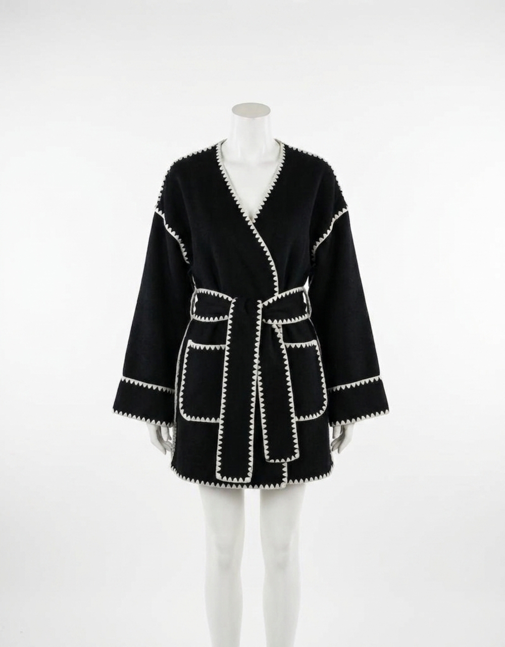 NEW IVY JANE whipstitched wrap coat in black